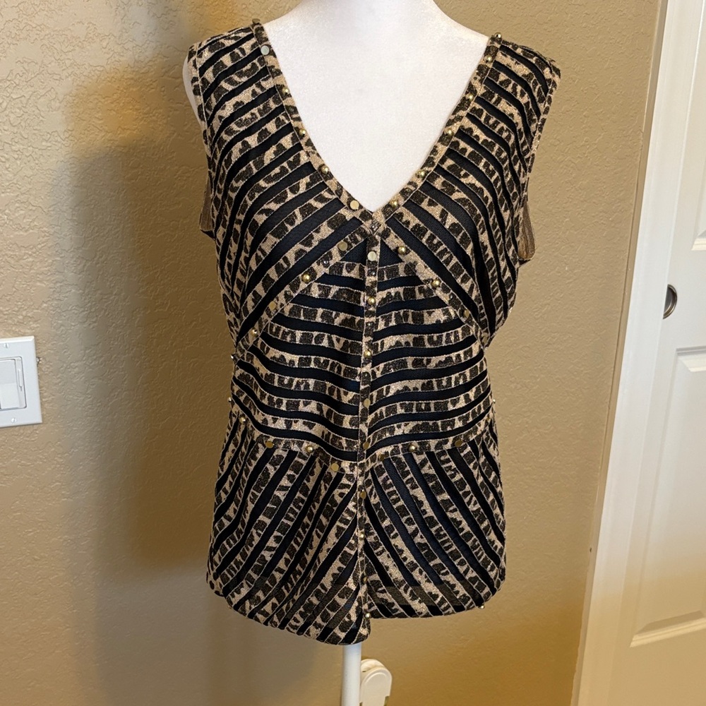 Boston Proper Black‎ and Tan V-Neck Blouse, Sleeveless, Size Large